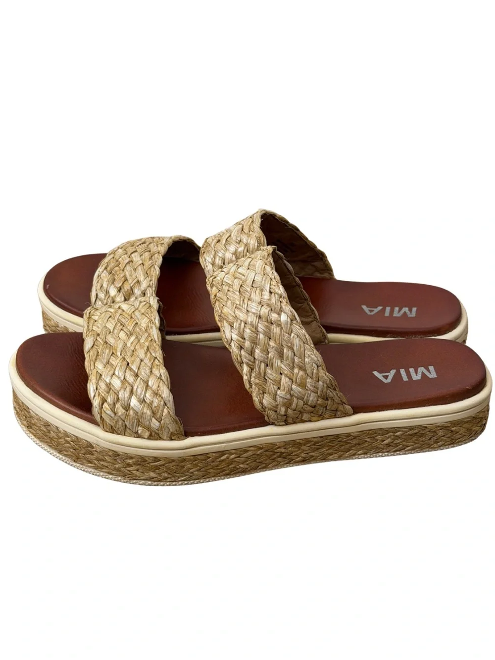 MIA Cami Raffia Platform Slip On Sandals Natural Woven Size 9